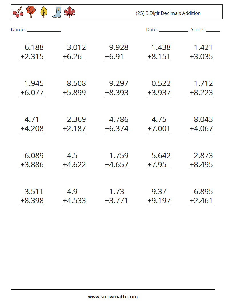 (25) 3 Digit Decimals Addition Math Worksheets 3