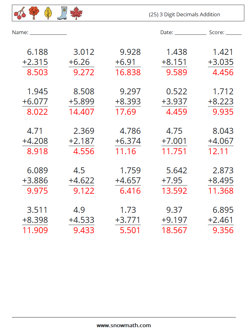 (25) 3 Digit Decimals Addition Math Worksheets 3 Question, Answer