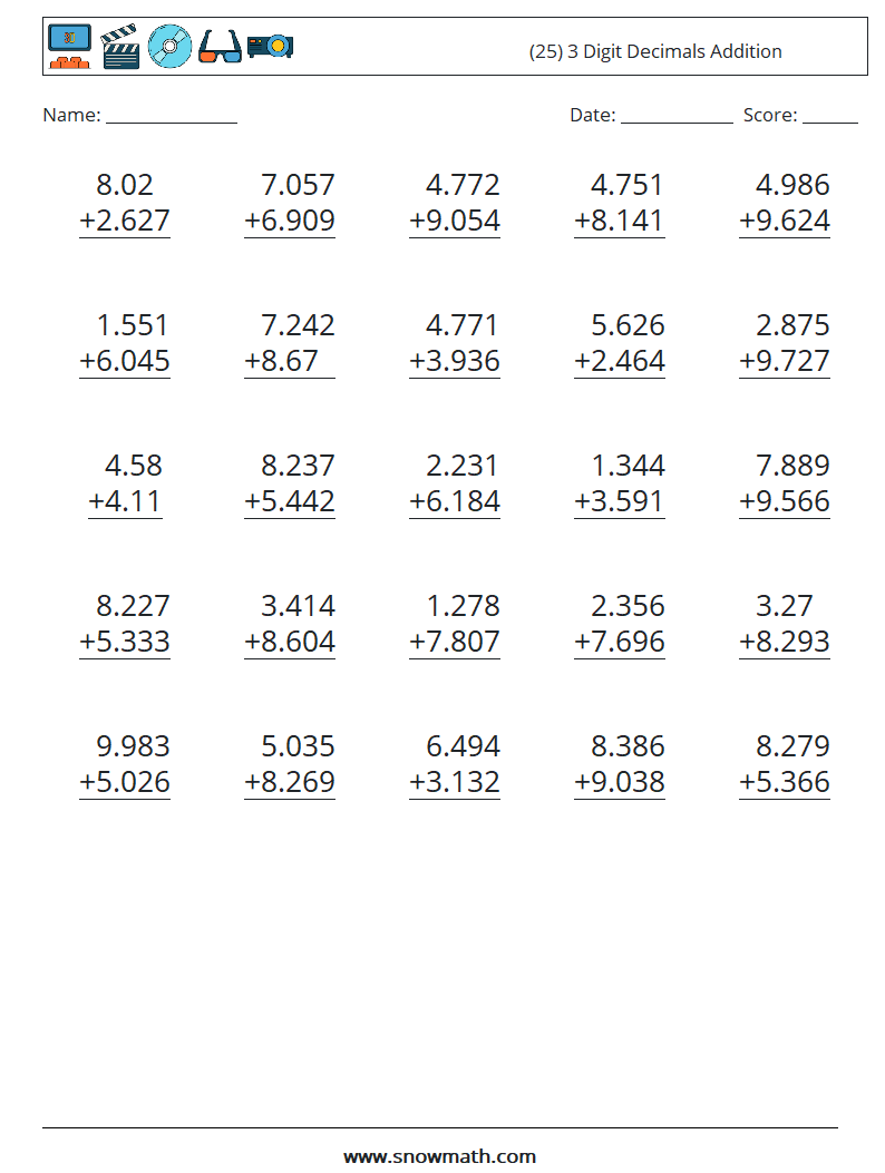 (25) 3 Digit Decimals Addition Math Worksheets 6