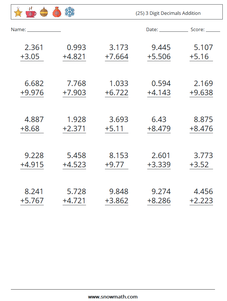 (25) 3 Digit Decimals Addition Math Worksheets 7