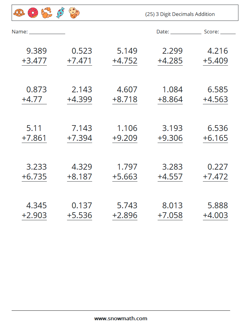 (25) 3 Digit Decimals Addition Maths Worksheets 8