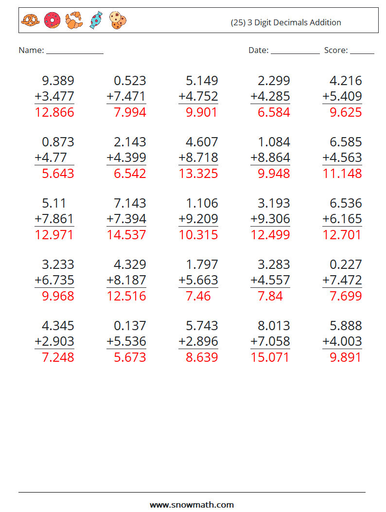 (25) 3 Digit Decimals Addition Math Worksheets 8 Question, Answer