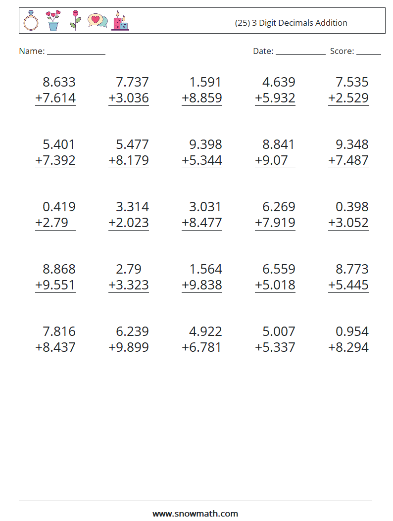(25) 3 Digit Decimals Addition Math Worksheets 9