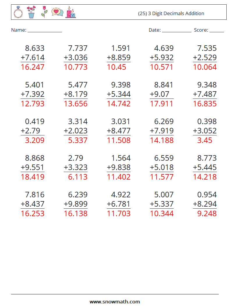 (25) 3 Digit Decimals Addition Math Worksheets 9 Question, Answer