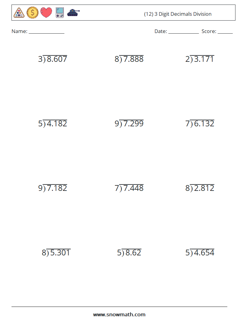 (12) 3 Digit Decimals Division Math Worksheets 1