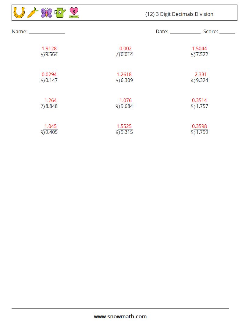 (12) 3 Digit Decimals Division Math Worksheets 11 Question, Answer