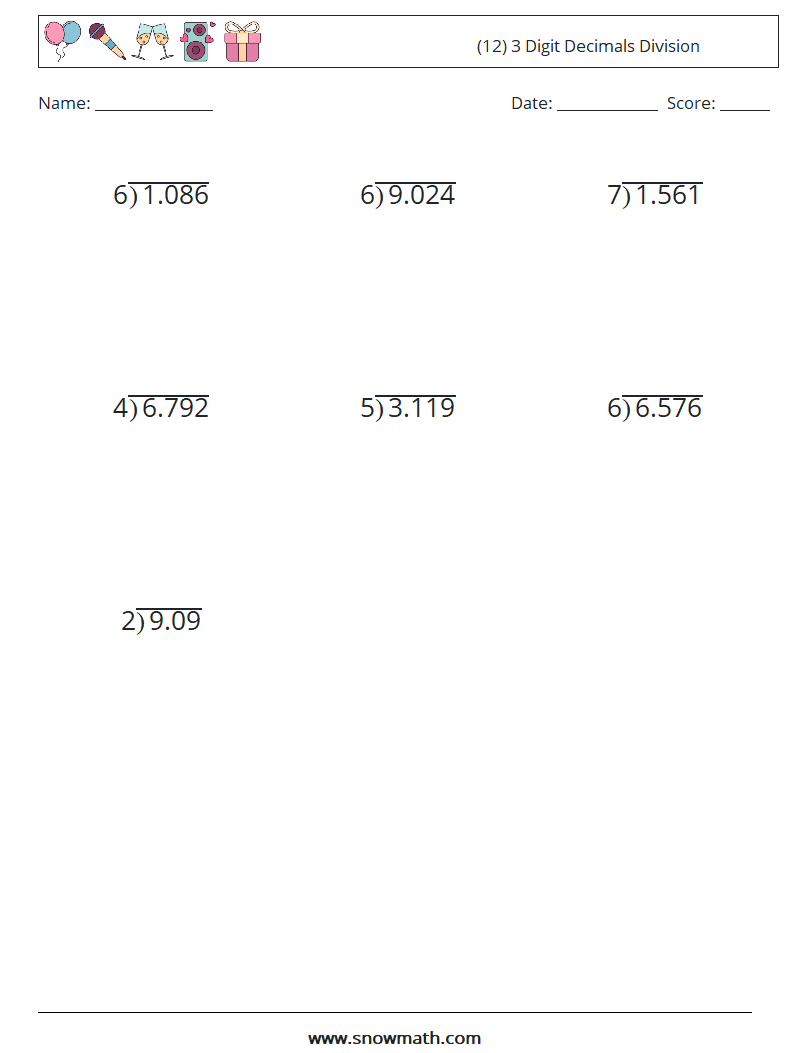 (12) 3 Digit Decimals Division Math Worksheets 12