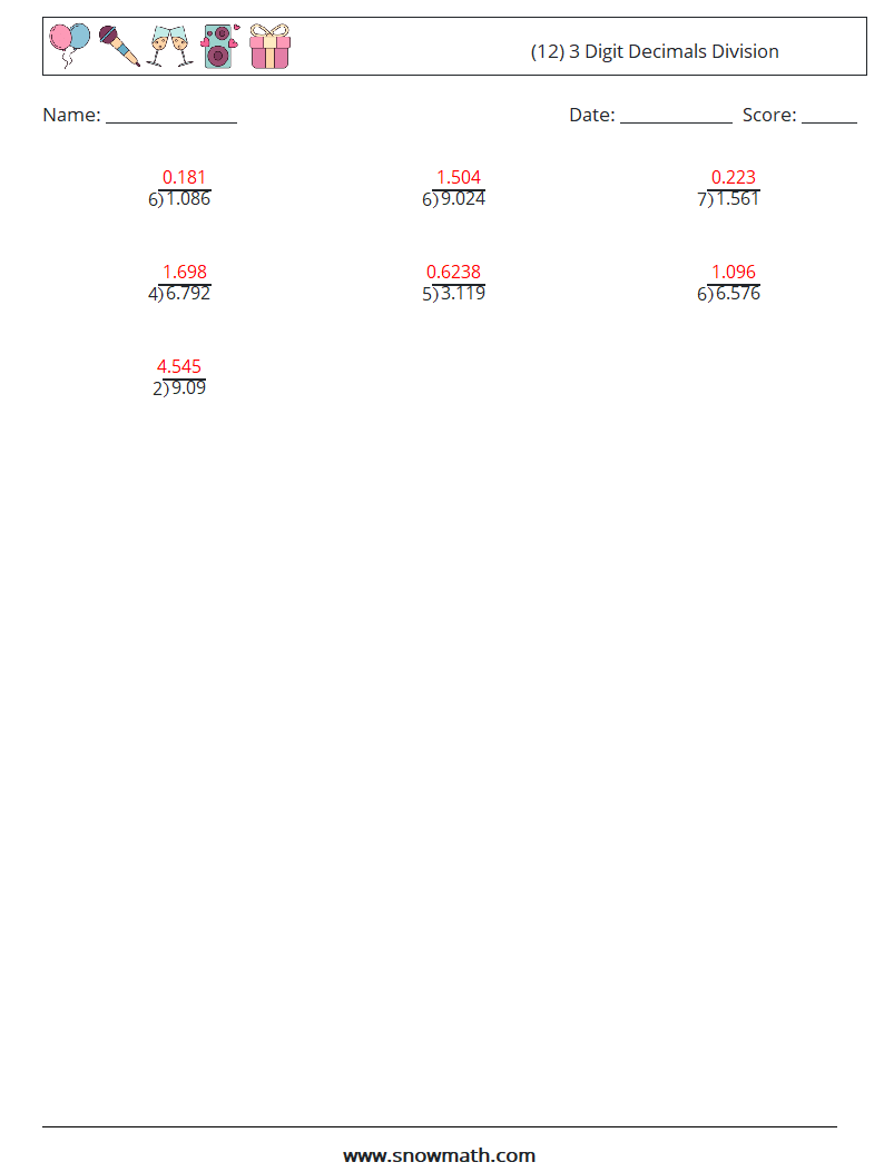 (12) 3 Digit Decimals Division Math Worksheets 12 Question, Answer