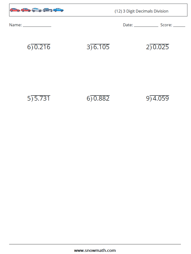 (12) 3 Digit Decimals Division Maths Worksheets 13