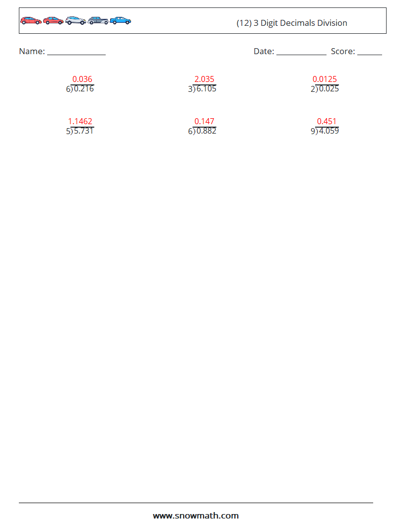 (12) 3 Digit Decimals Division Math Worksheets 13 Question, Answer