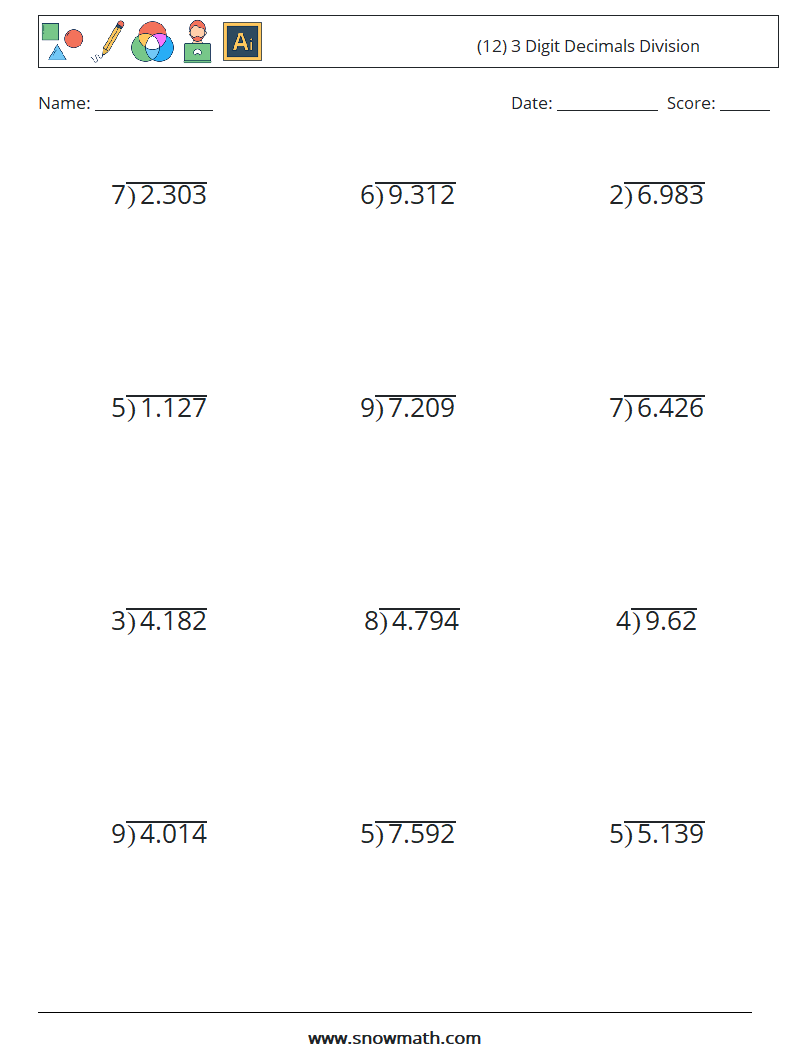 (12) 3 Digit Decimals Division Math Worksheets 14