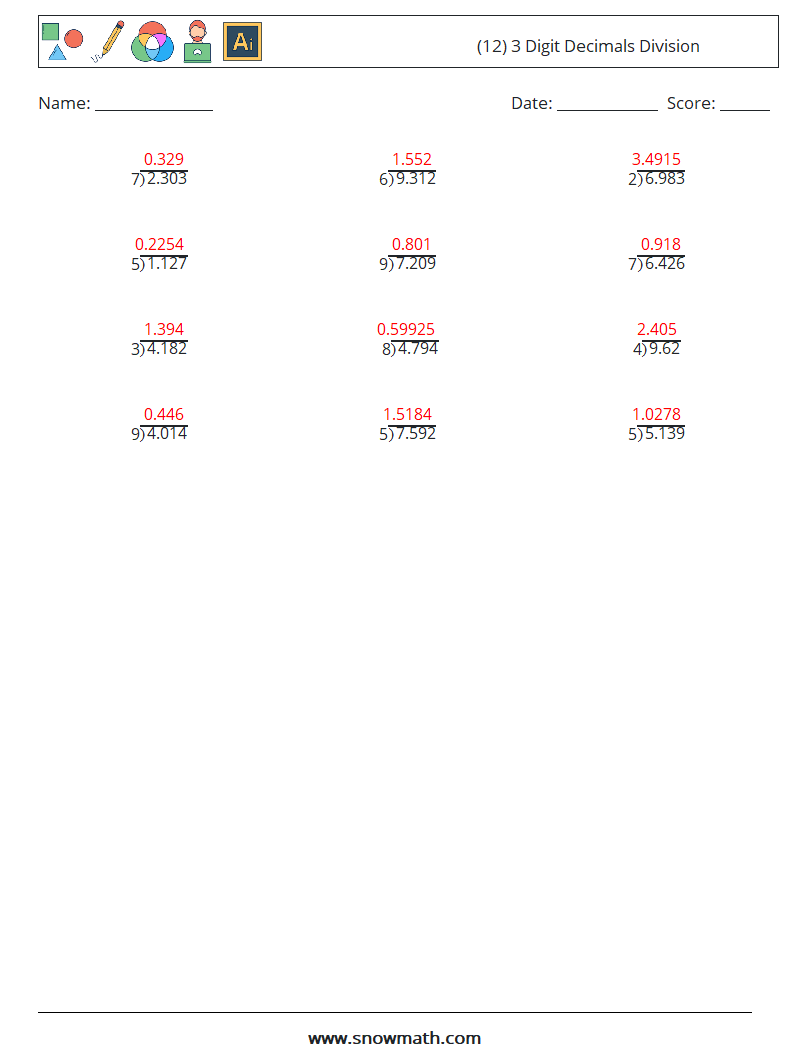 (12) 3 Digit Decimals Division Math Worksheets 14 Question, Answer