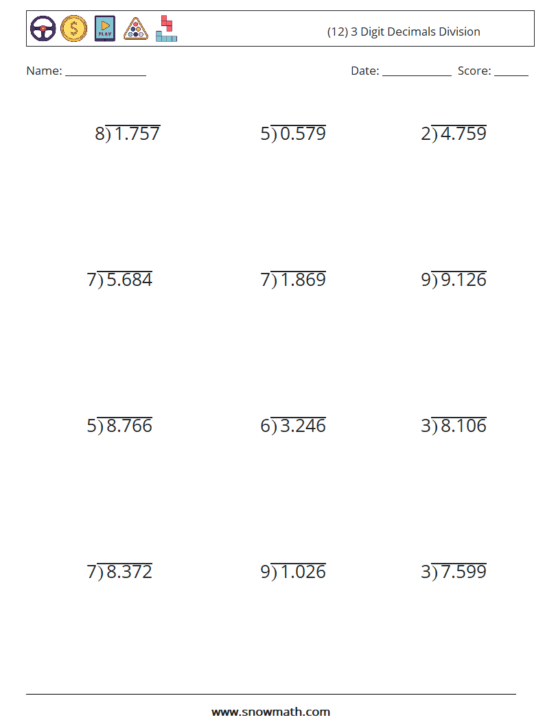 (12) 3 Digit Decimals Division Maths Worksheets 15