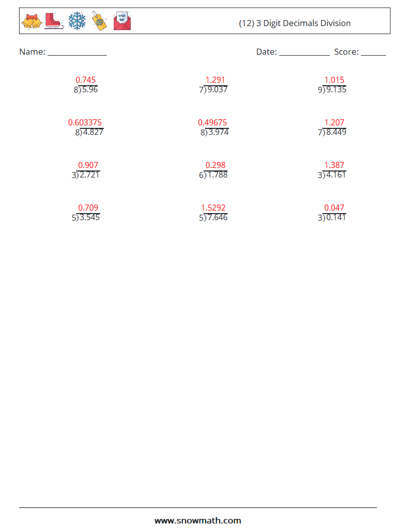 (12) 3 Digit Decimals Division Math Worksheets 16 Question, Answer