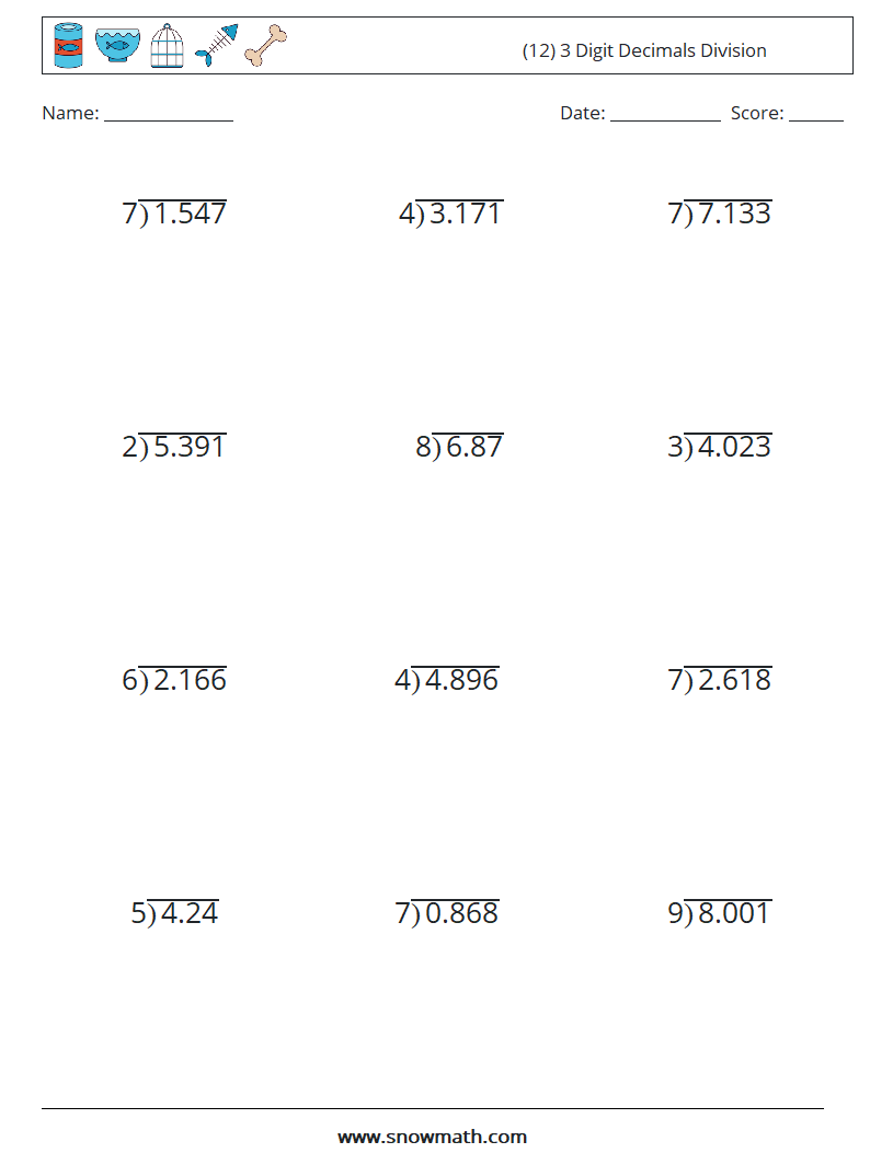 (12) 3 Digit Decimals Division Maths Worksheets 17