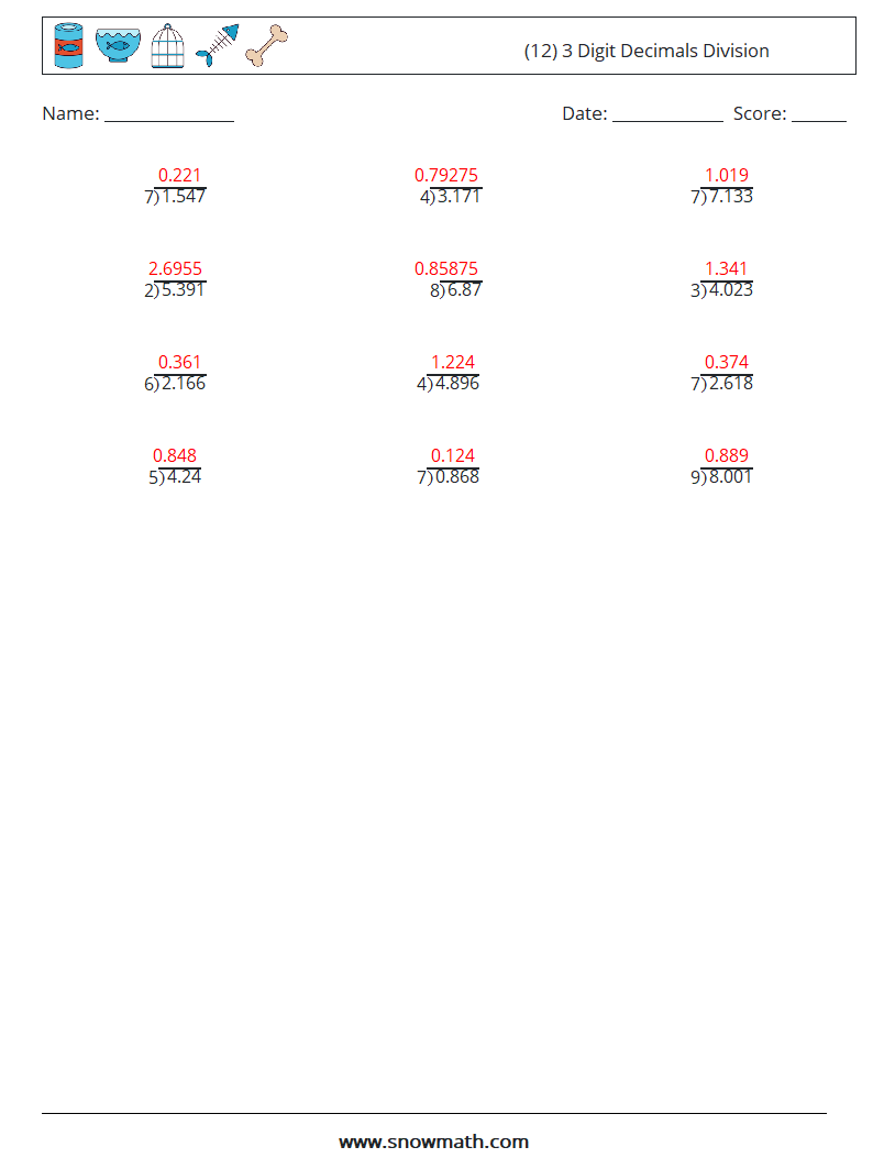 (12) 3 Digit Decimals Division Math Worksheets 17 Question, Answer