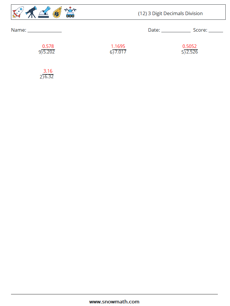 (12) 3 Digit Decimals Division Math Worksheets 18 Question, Answer