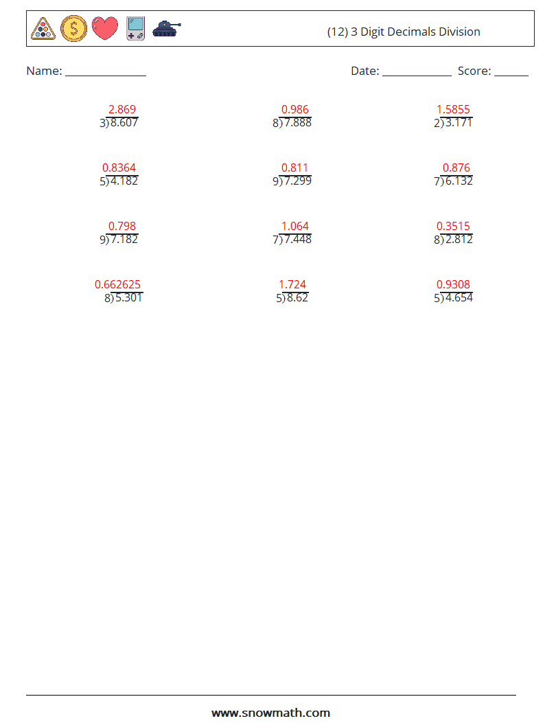 (12) 3 Digit Decimals Division Math Worksheets 1 Question, Answer