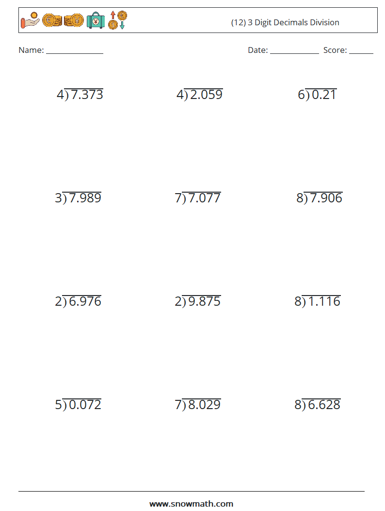 (12) 3 Digit Decimals Division Maths Worksheets 2