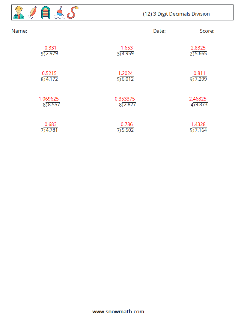 (12) 3 Digit Decimals Division Math Worksheets 4 Question, Answer