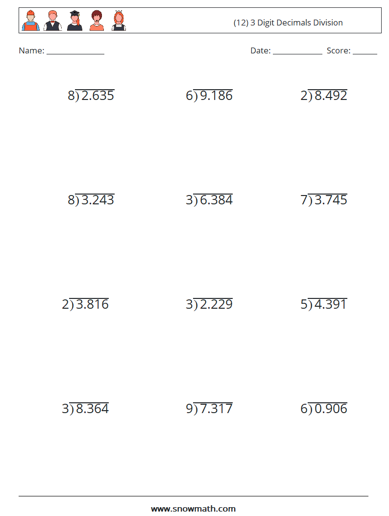 (12) 3 Digit Decimals Division Math Worksheets 5