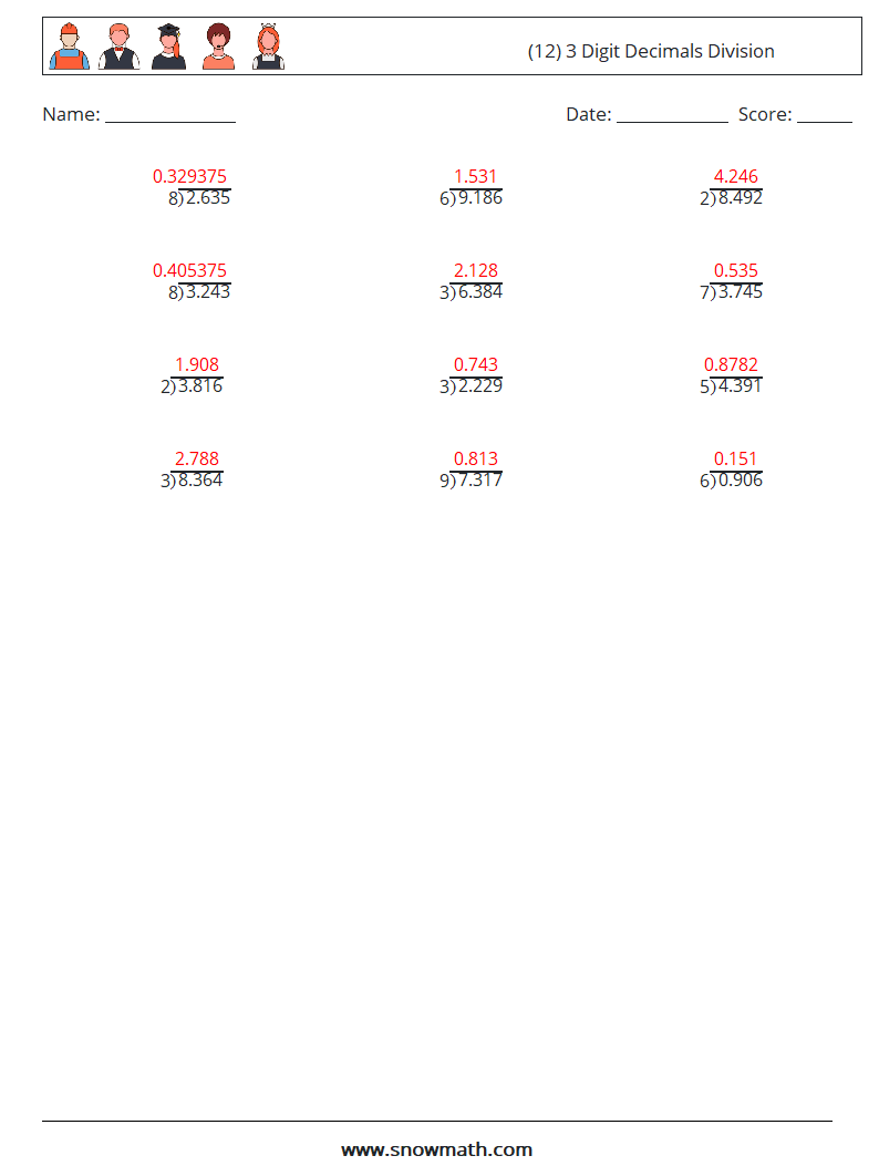 (12) 3 Digit Decimals Division Math Worksheets 5 Question, Answer