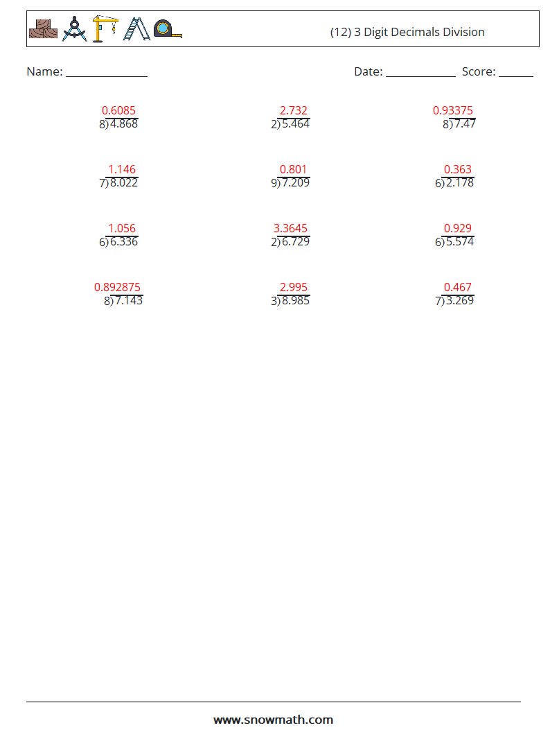 (12) 3 Digit Decimals Division Math Worksheets 6 Question, Answer