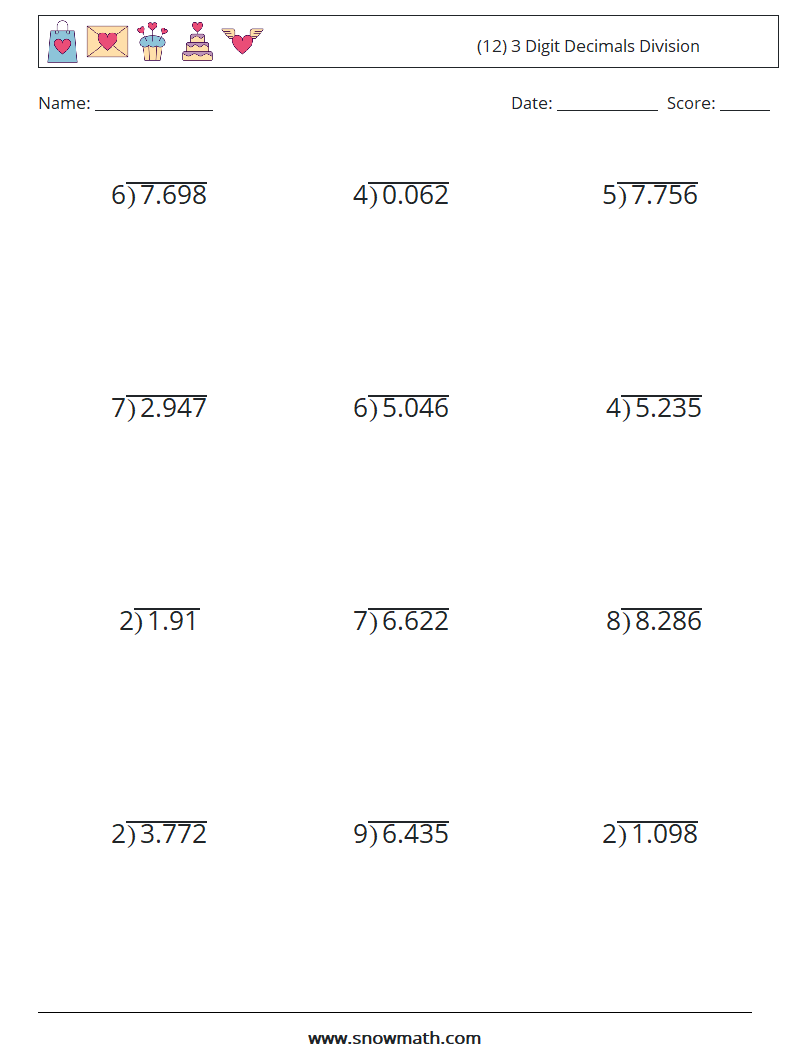 (12) 3 Digit Decimals Division Math Worksheets 7