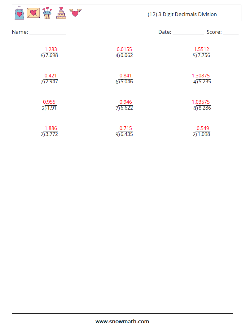 (12) 3 Digit Decimals Division Math Worksheets 7 Question, Answer