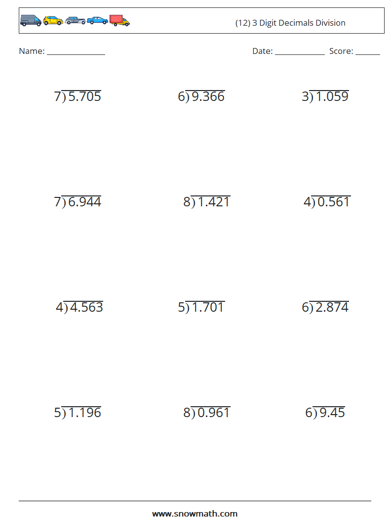 (12) 3 Digit Decimals Division Math Worksheets 8