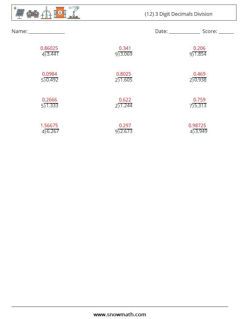 (12) 3 Digit Decimals Division Math Worksheets 9 Question, Answer