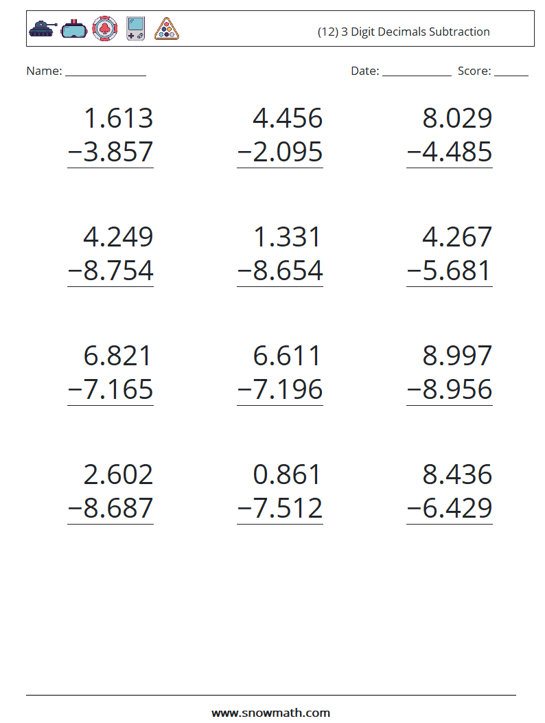 (12) 3 Digit Decimals Subtraction Maths Worksheets 1