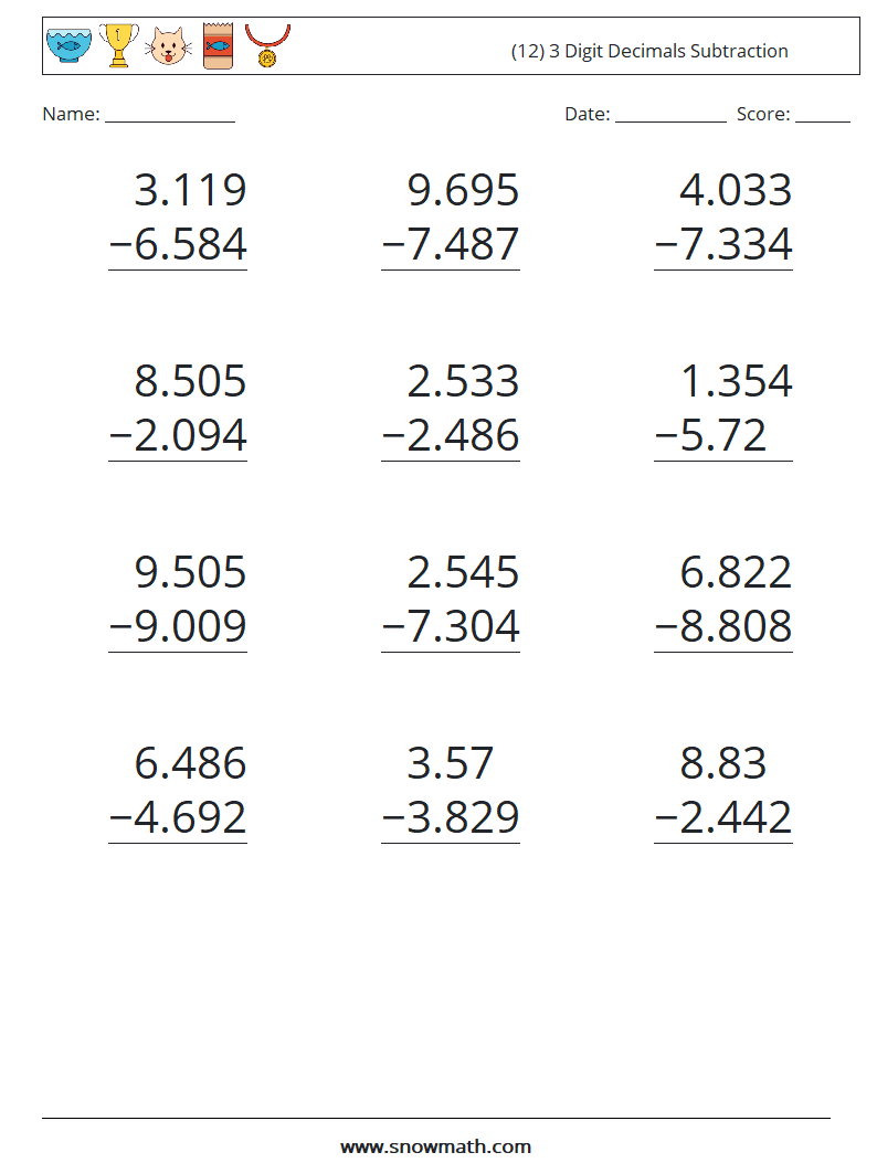 (12) 3 Digit Decimals Subtraction Maths Worksheets 10