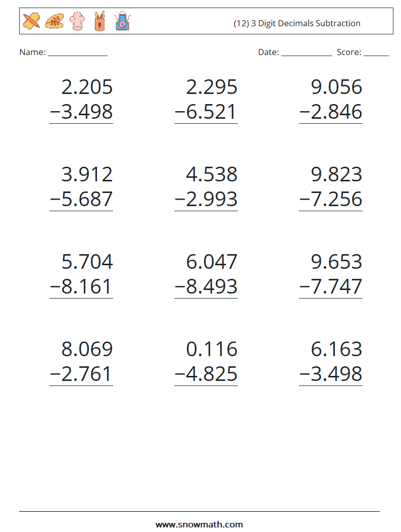 (12) 3 Digit Decimals Subtraction Math Worksheets 11