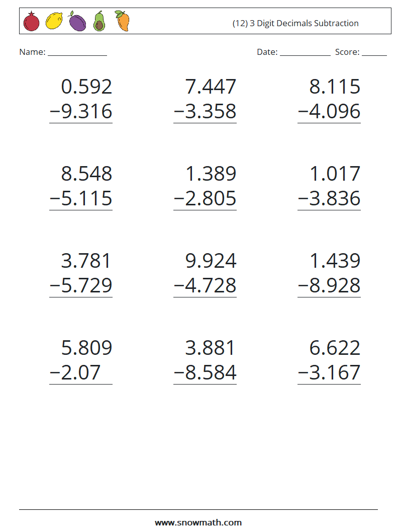 (12) 3 Digit Decimals Subtraction Maths Worksheets 12