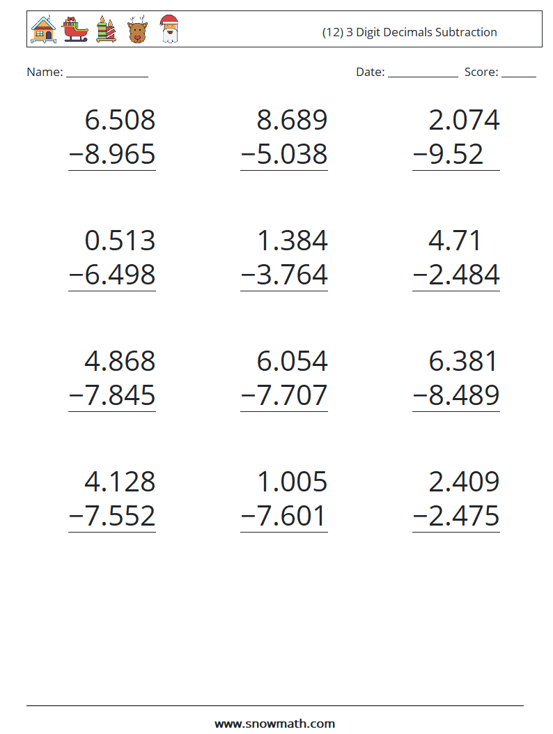 (12) 3 Digit Decimals Subtraction Maths Worksheets 14