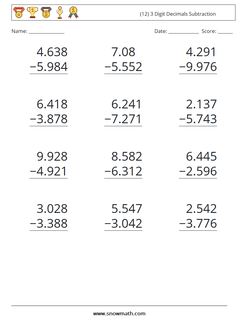 (12) 3 Digit Decimals Subtraction Maths Worksheets 15