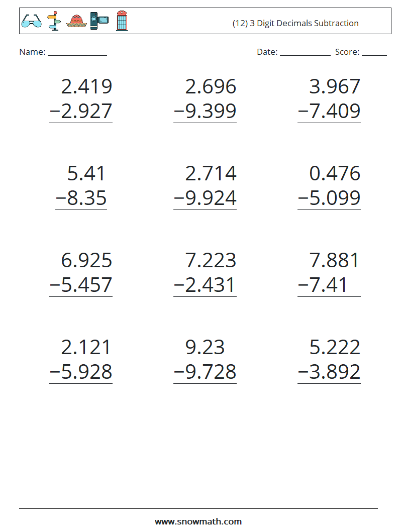 (12) 3 Digit Decimals Subtraction Math Worksheets 16