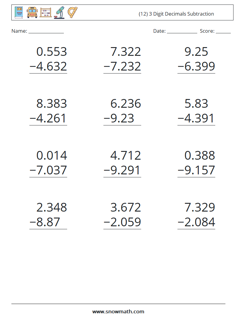 (12) 3 Digit Decimals Subtraction Maths Worksheets 17