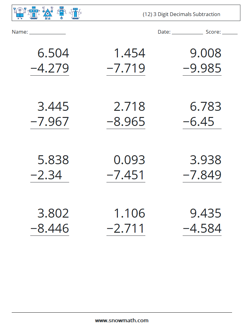 (12) 3 Digit Decimals Subtraction Maths Worksheets 18