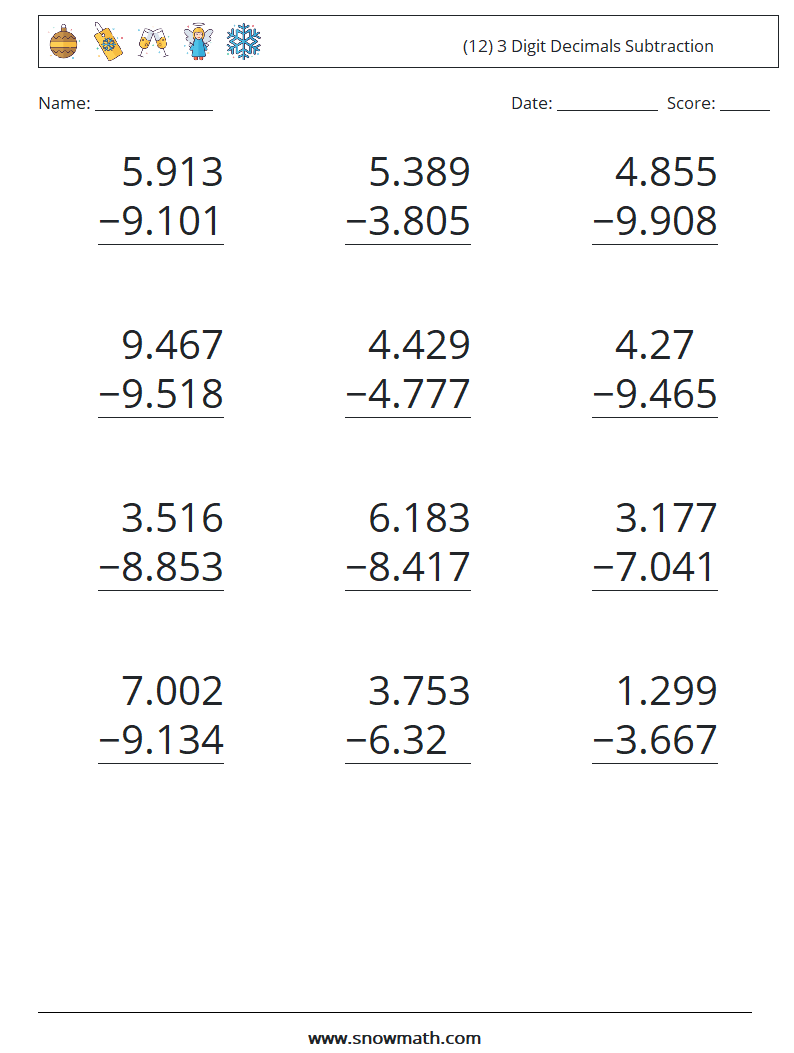 (12) 3 Digit Decimals Subtraction Math Worksheets 3