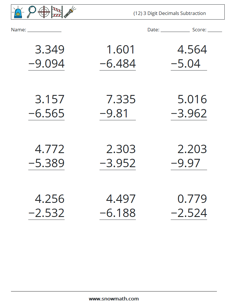 (12) 3 Digit Decimals Subtraction Maths Worksheets 4