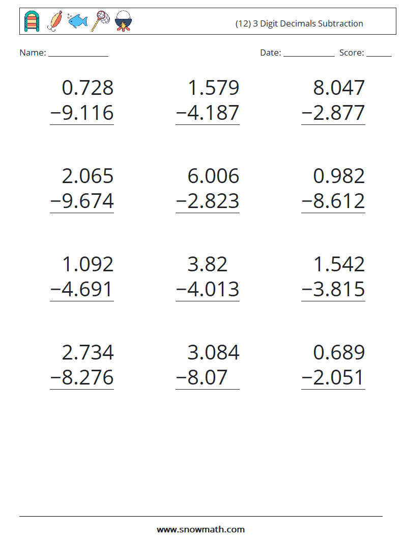 (12) 3 Digit Decimals Subtraction Maths Worksheets 5