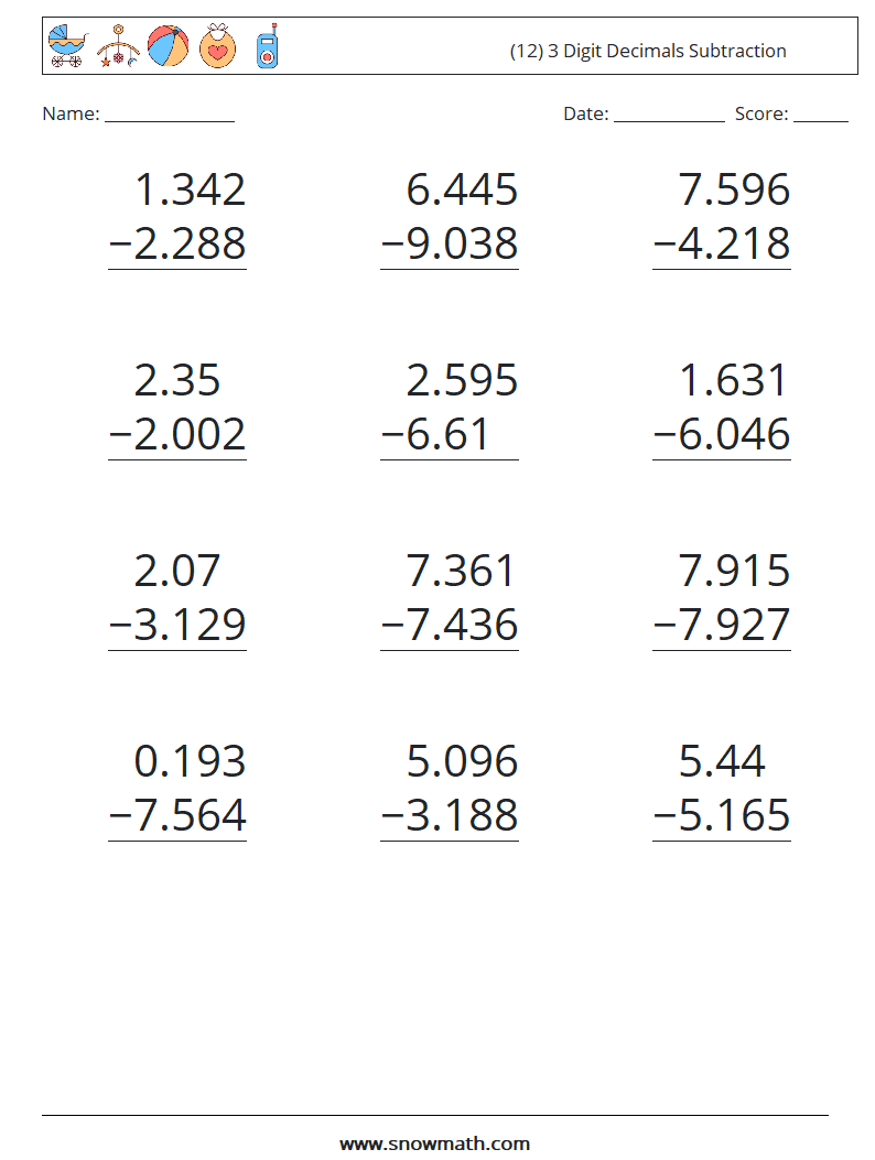 (12) 3 Digit Decimals Subtraction Math Worksheets 6