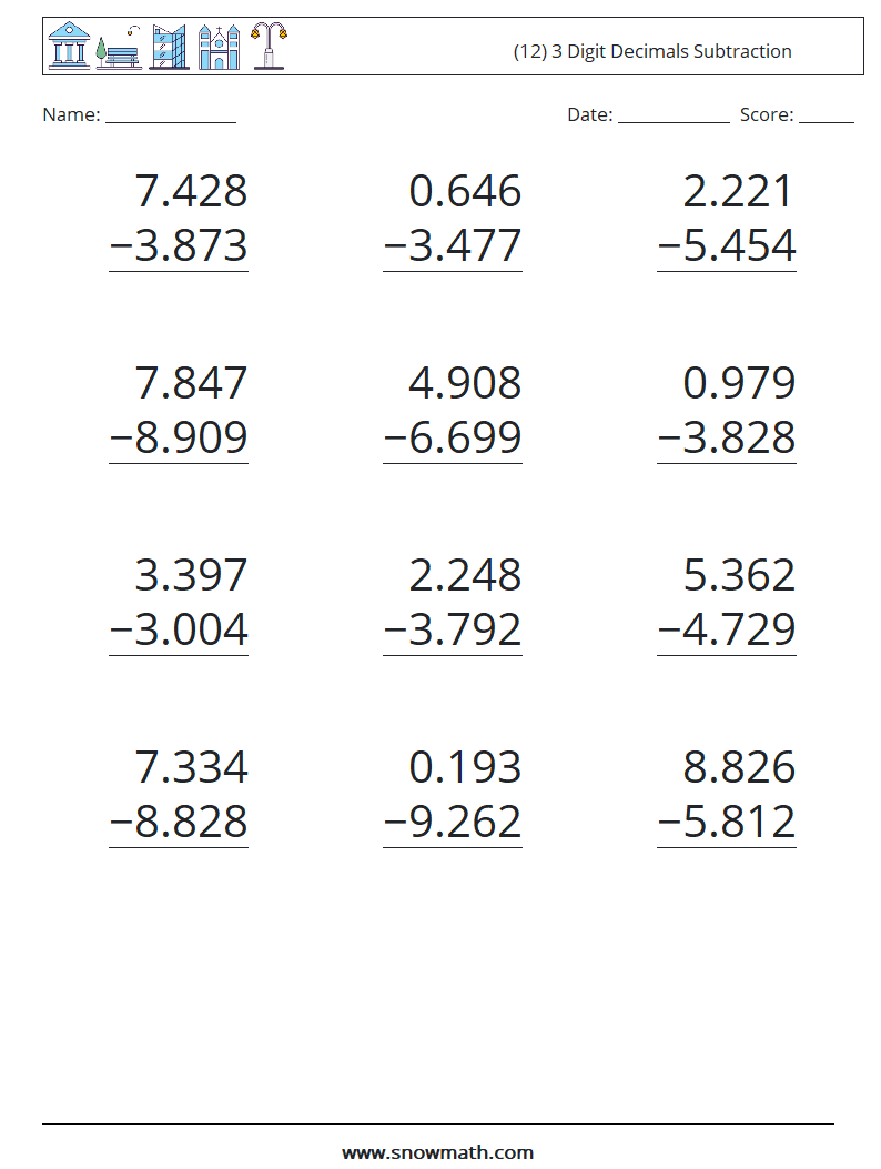 (12) 3 Digit Decimals Subtraction Maths Worksheets 7