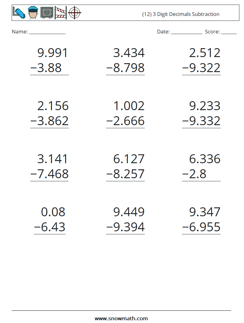 (12) 3 Digit Decimals Subtraction Math Worksheets 8