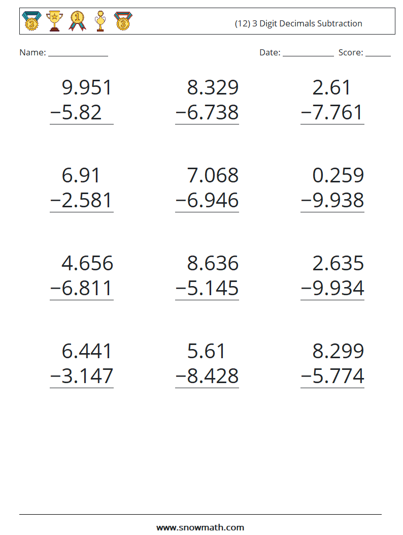 (12) 3 Digit Decimals Subtraction Math Worksheets 9