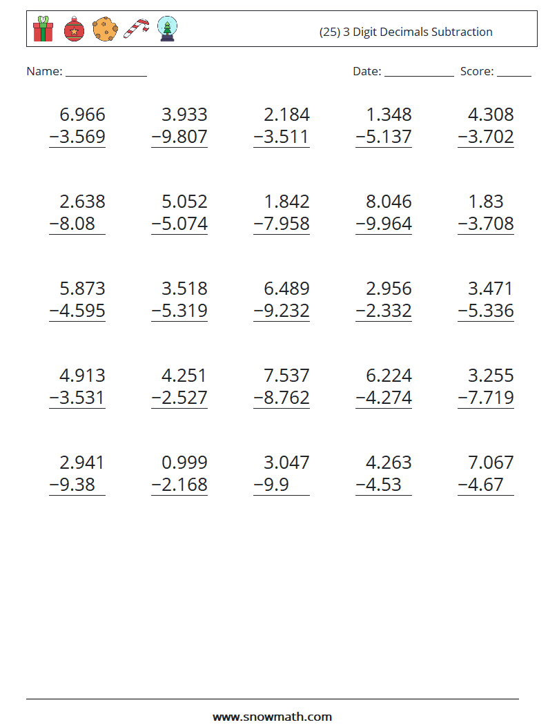 (25) 3 Digit Decimals Subtraction Maths Worksheets 1