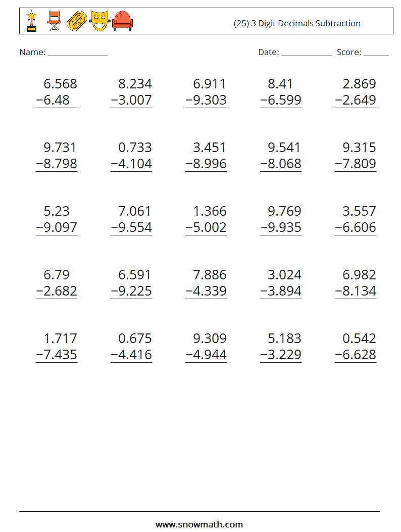 (25) 3 Digit Decimals Subtraction Math Worksheets 10