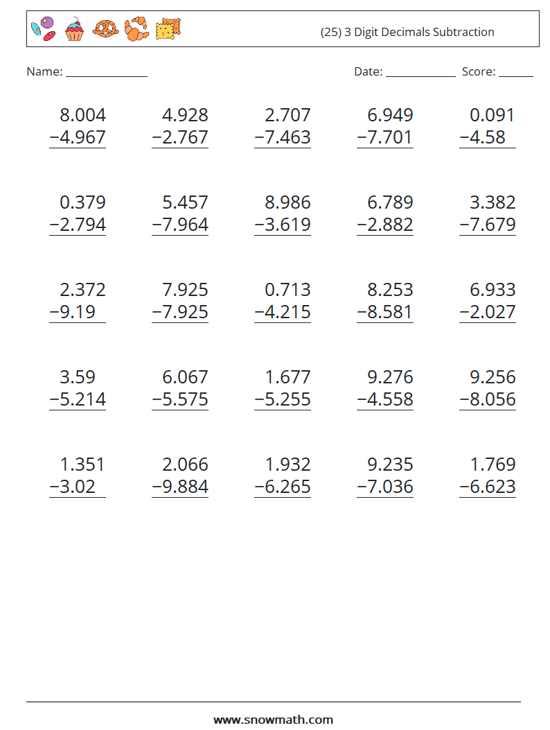 (25) 3 Digit Decimals Subtraction Math Worksheets 11